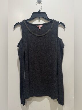 Juicy Couture- Cold Shoulder Beaded Crewneck Sweater Top - Dark Gray